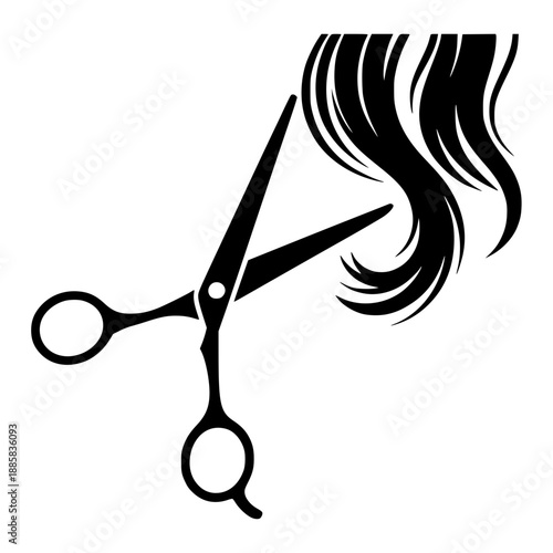 Black silhouette of open scissors cutting a wavy lock of hair against a white background, studio shot with graphic style