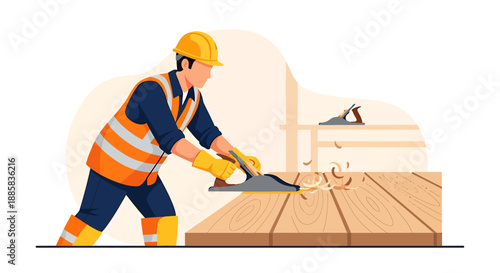 Carpenter Working with Wood Using a Hand Plane.