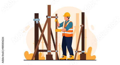 Construction worker assembling scaffolding structure safety equipment.