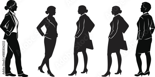 Business people silhouettes set, professional men and women in suits, architectural scale figures, cad drawing flat vector illustration, corporate team standing.