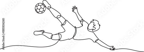 Single continuous line drawing of young talented football player shooting the ball with bicycle kick technique. Soccer match sports concept. one line Icon drawing