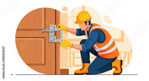 Construction worker installing a door lock with tools.