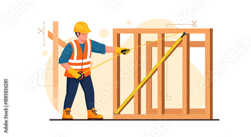 Construction worker measuring wooden frame with tape measure tool.