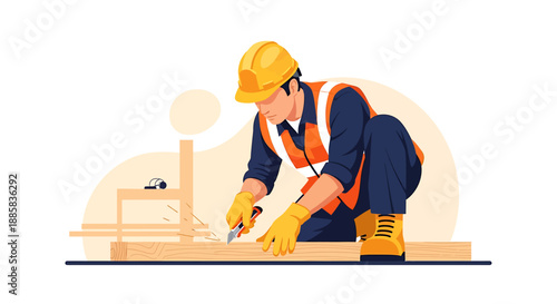 Construction worker in hard hat and safety vest measuring wood plank.