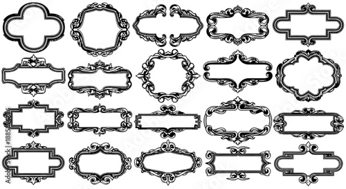 A collection of vintage ornate black and white decorative frames with intricate scrollwork and elegant flourishes, ideal for design elements, Isolated on transparent background