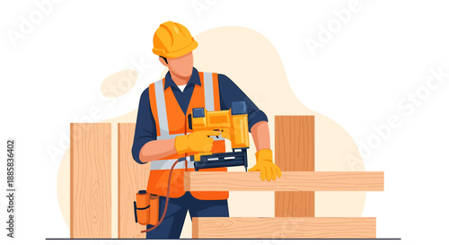 Construction worker using a nail gun on wooden planks.