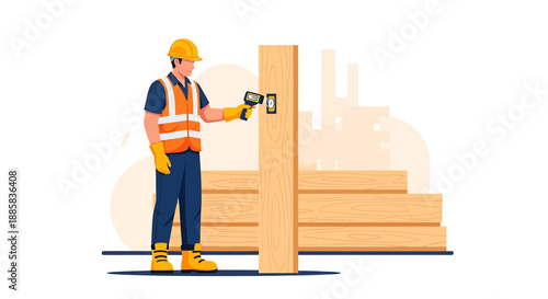 Construction worker using power drill on wooden beam.