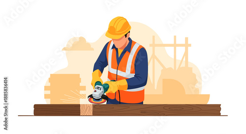 Construction worker using an angle grinder on wood.