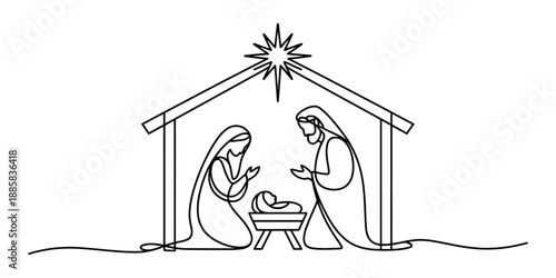 Continuous line art nativity scene with mary, joseph, and baby jesus in a stable Vector, illustration