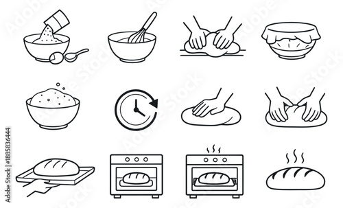 Line art baking process set featuring bread preparation steps for cooking instructions