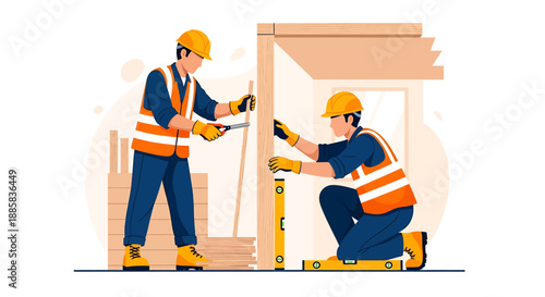 Construction workers building a wooden structure together on a white background.
