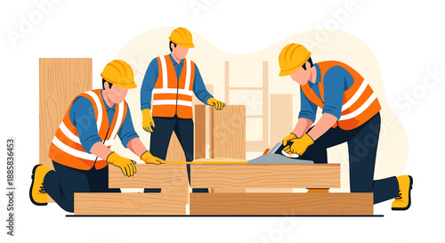 Construction workers building wooden structures together.
