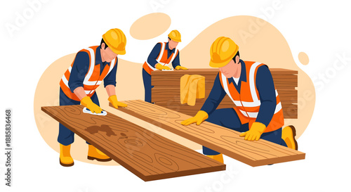Construction workers building wooden structures with tools.