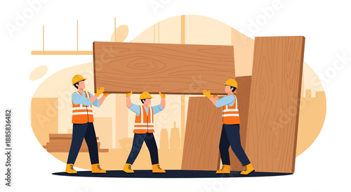 Construction workers carrying a large cardboard box together on a site.