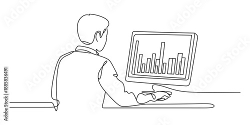 A person analyzing data on a computer screen in a continuous line art style Vector, illustration