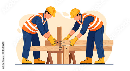 Two construction workers collaborating on a wooden structure assembly.