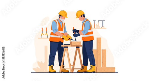 Two construction workers collaborating on a wooden project.