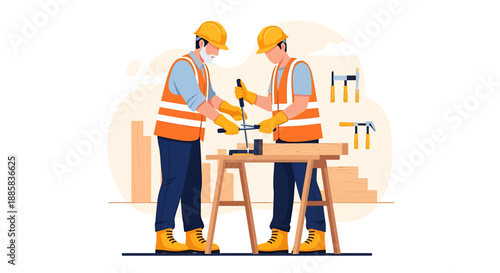 Two construction workers collaborating on a woodworking project.