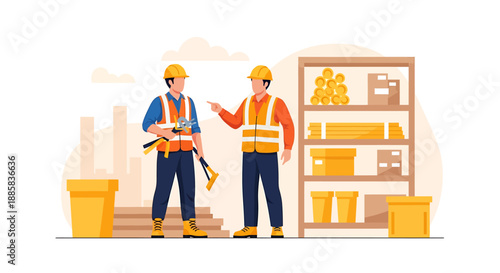 Two construction workers discussing plans near a storage shelf.