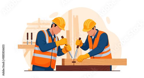 Two construction workers collaborating on a woodworking project.