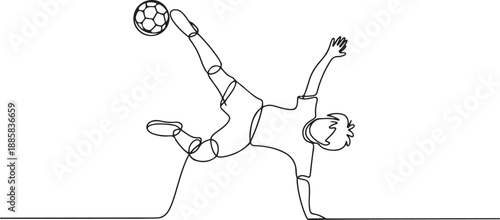 Single continuous line drawing of young talented football player shooting the ball with bicycle kick technique. Soccer match sports concept. one line Icon drawing