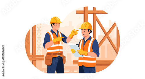 Two construction workers discussing plans on a building site.
