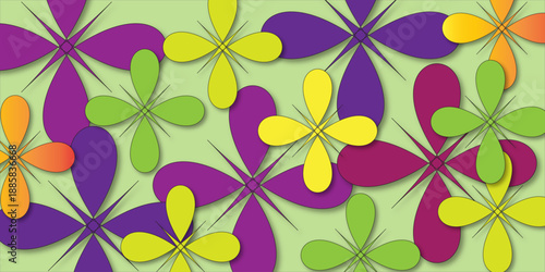 Vibrant colorful flowers on a vine create a stunning floral design for spring events. Colorful flowers bloom with detailed petals background. Vector floral pattern with stylized blooms and leaves, 