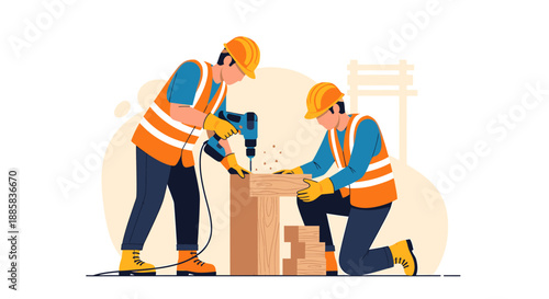 Two construction workers in hard hats and safety vests assembling a wooden structure.