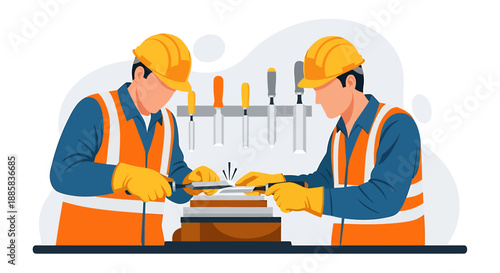 Two construction workers in hard hats and safety vests working together on a project.