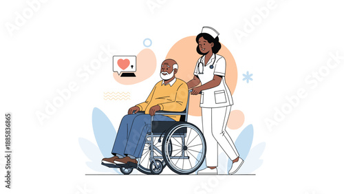 Professional nurse in a white uniform pushing an elderly male patient in a wheelchair as a heart health icon appears on a screen nearby.