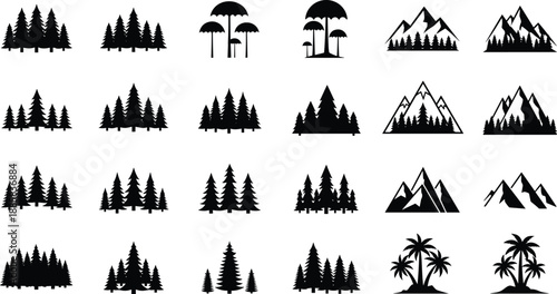 Nature landscape silhouettes vector set with forest trees mountains palms icons, minimalist outdoor scenery collection for travel design branding and illustration