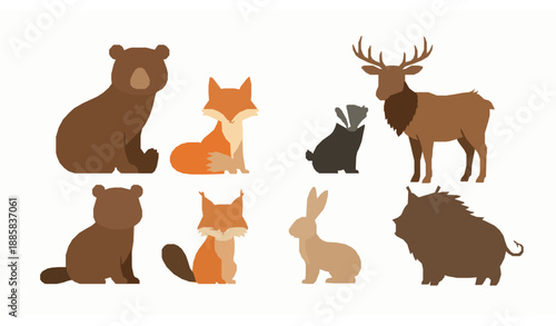 Cute woodland animal characters flat vector illustrations set isolated on white background