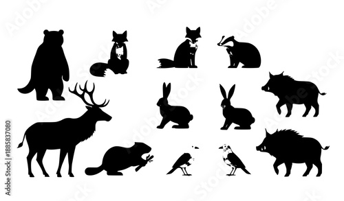 Forest animals flat vector set with woodland wildlife mammals and birds isolated on white background