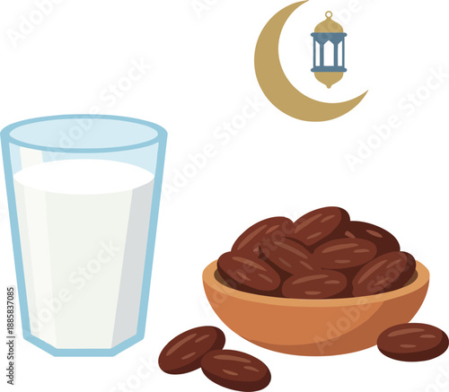 Ramadan still life with dates milk crescent moon and traditional lantern