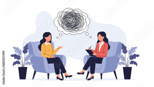 Patient talking to a professional psychologist during a therapy session to resolve mental health issues represented by a tangled thought bubble.