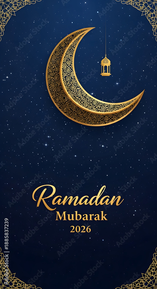 Fototapeta premium Golden crescent moon ramadan mubarak poster art