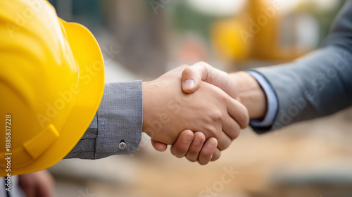 Construction partnership and project success concept, building industry collaboration, contractor teamwork achievement, professional construction completion, with copy space