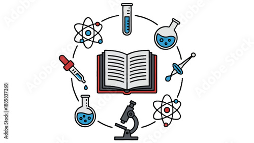 A minimalist line art illustration of scientific and educational elements arranged in a circular composition (2)_traced