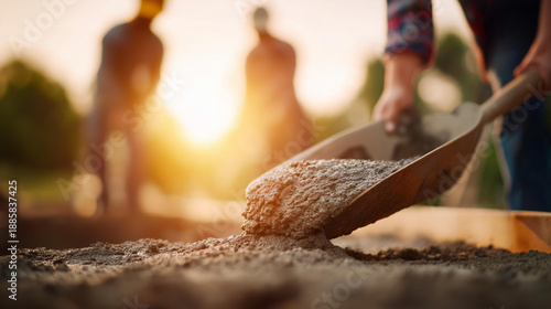 Faceless workers pouring fresh concrete from shovel at construction site with sunlight, cement mixture flowing onto foundation with motion, building infrastructure development proj