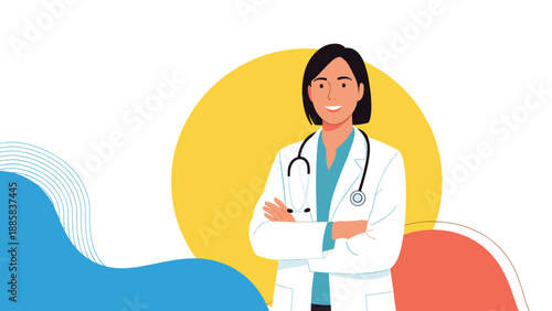 Friendly female medical doctor wearing a white coat and stethoscope smiling confidently against a bright and colorful abstract background.