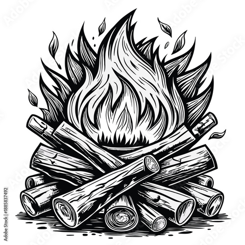 Monochrome campfire with stacked wood and flickering flames creates a dynamic sketch effect