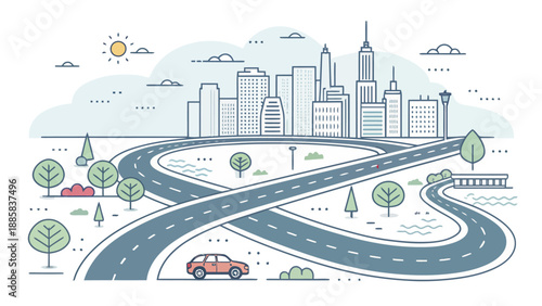 Modern cityscape with winding roads and sunny skyline