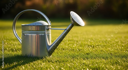 Silver watering can placed on green grass under sunlight in a serene garden setting