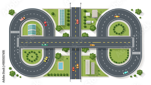 Modern city highway interchange with busy roads and green spaces