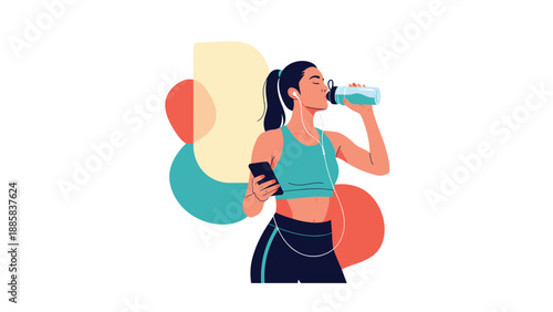 Athletic young woman in fitness apparel drinking water from a bottle after a workout while listening to music through earphones on her phone.