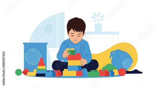 Happy young boy sitting on the floor and playing with colorful plastic building blocks to create a tall tower in a bright and playful room.