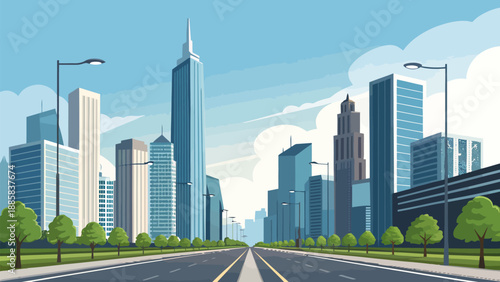 Modern cityscape with sleek skyscrapers and empty road