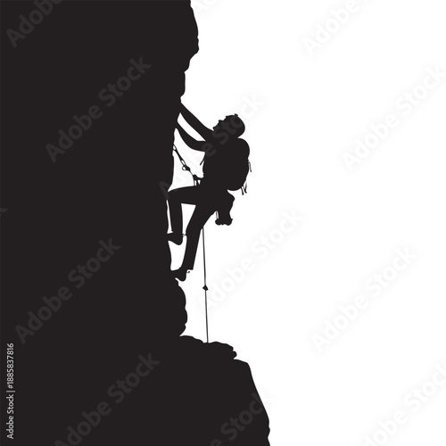 Silhouette of a person climbing a rock with a rope and harness