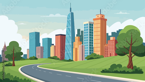 Vibrant cityscape with modern skyscrapers and lush greenery