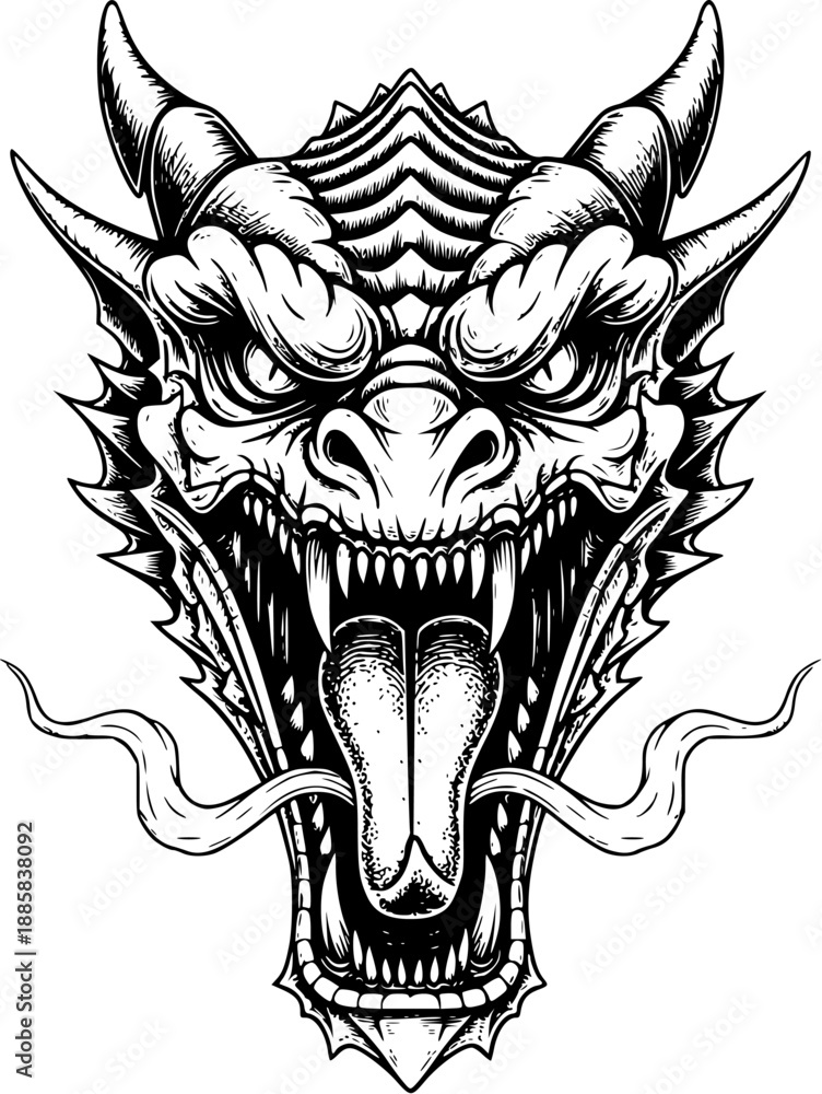 Fototapeta premium Fierce Dragon Head Engraved Illustration Front View for Mascot Logo, Fantasy Branding, Tattoo Design, and Black and White Graphic Use